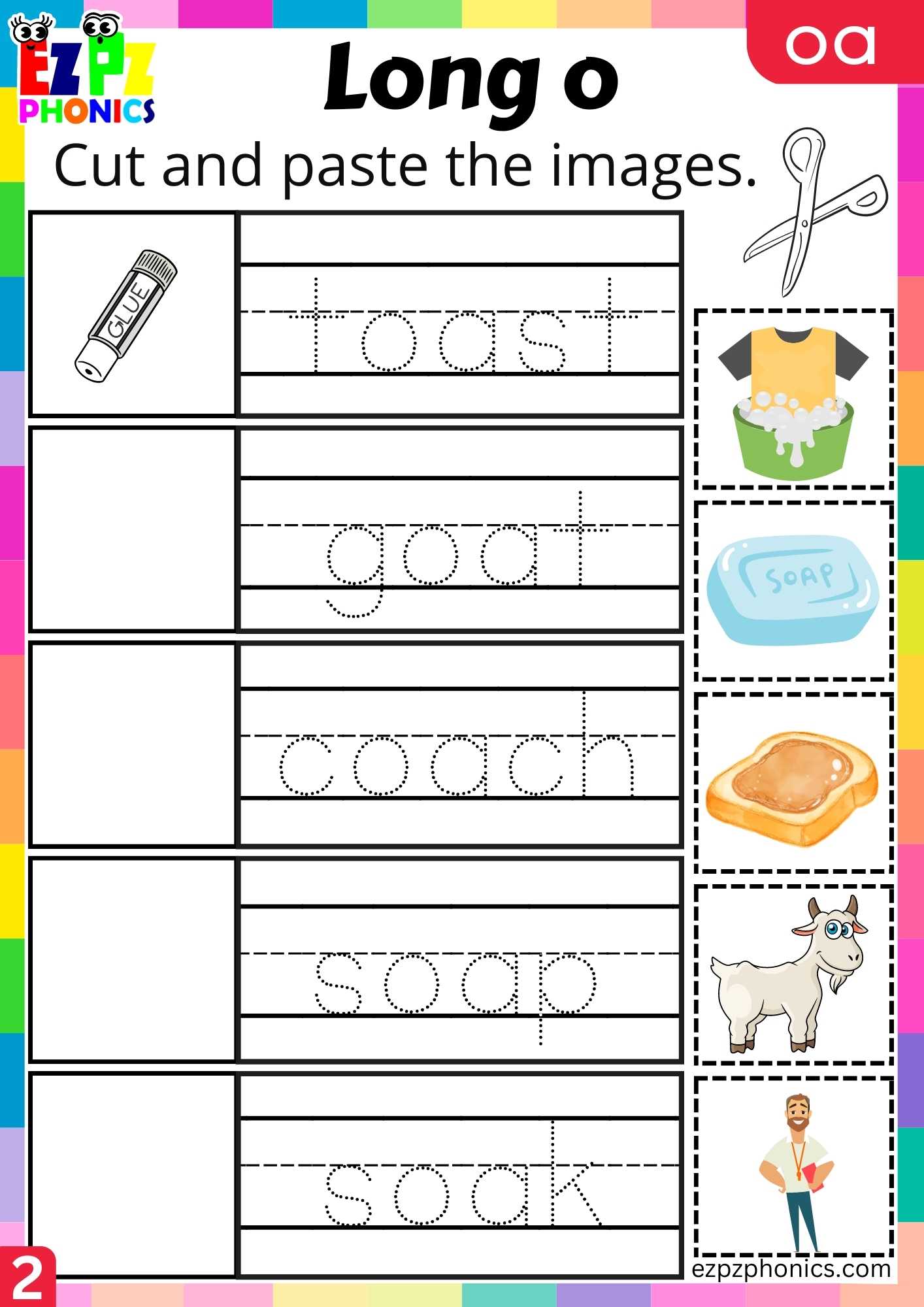 Group2 OA Words Cut And Paste The Images Long O Phonics Worksheet